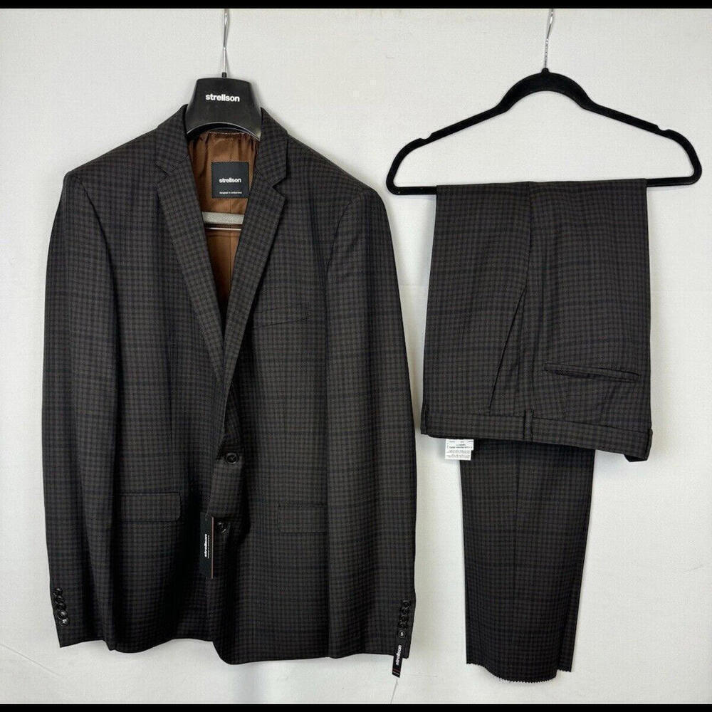 Strellson Cale Madden Extra Slim Suit Brown Check Wool Size 54 EU 37 W, 44 US